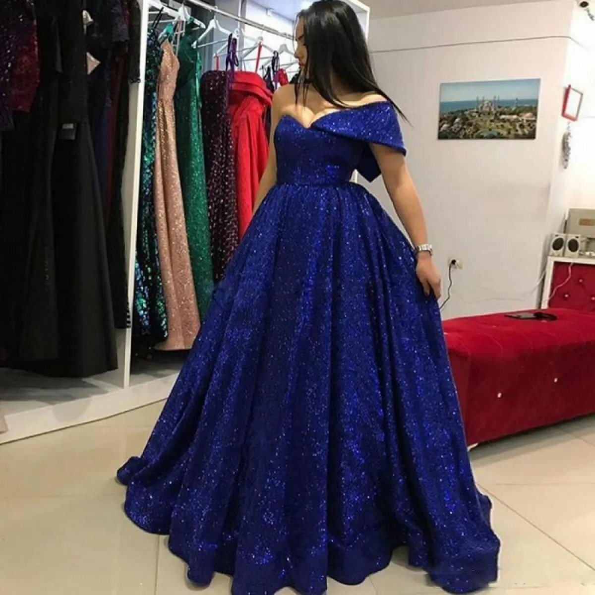 Abiti da ballo con paillettes blu royal glitterati Una spalla Abiti da sera a linea Arabia Saudita Lunghezza pavimento Abito da