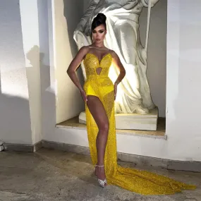 Abiti da sera con paillettes glitterati Sweetheart Illusion High Split Donna Elegante abito da ballo formale da sera Robe De Soi