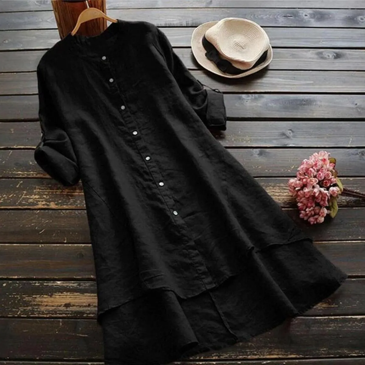 Abito camicia in lino di cotone per donna Gonna camicetta casual autunnale Abiti Moda Abbigliamento femminile Maniche corte Lung