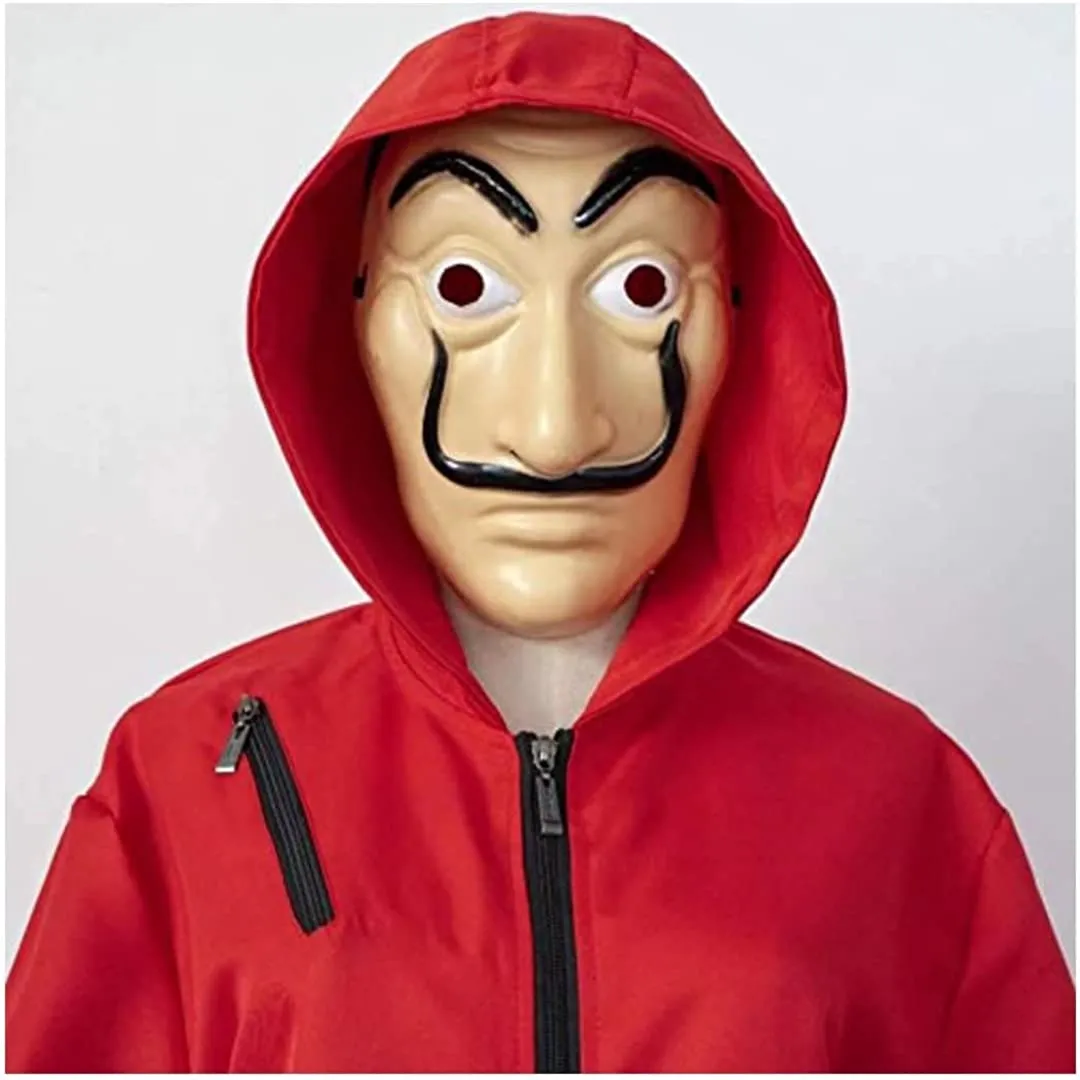 Anxicer Carnevale Tuta da Rapinatore di Banche per Halloween Costume da Ladro Tuta Rossa Pagliaccetto Manica Lunga Cappuccio,Mas