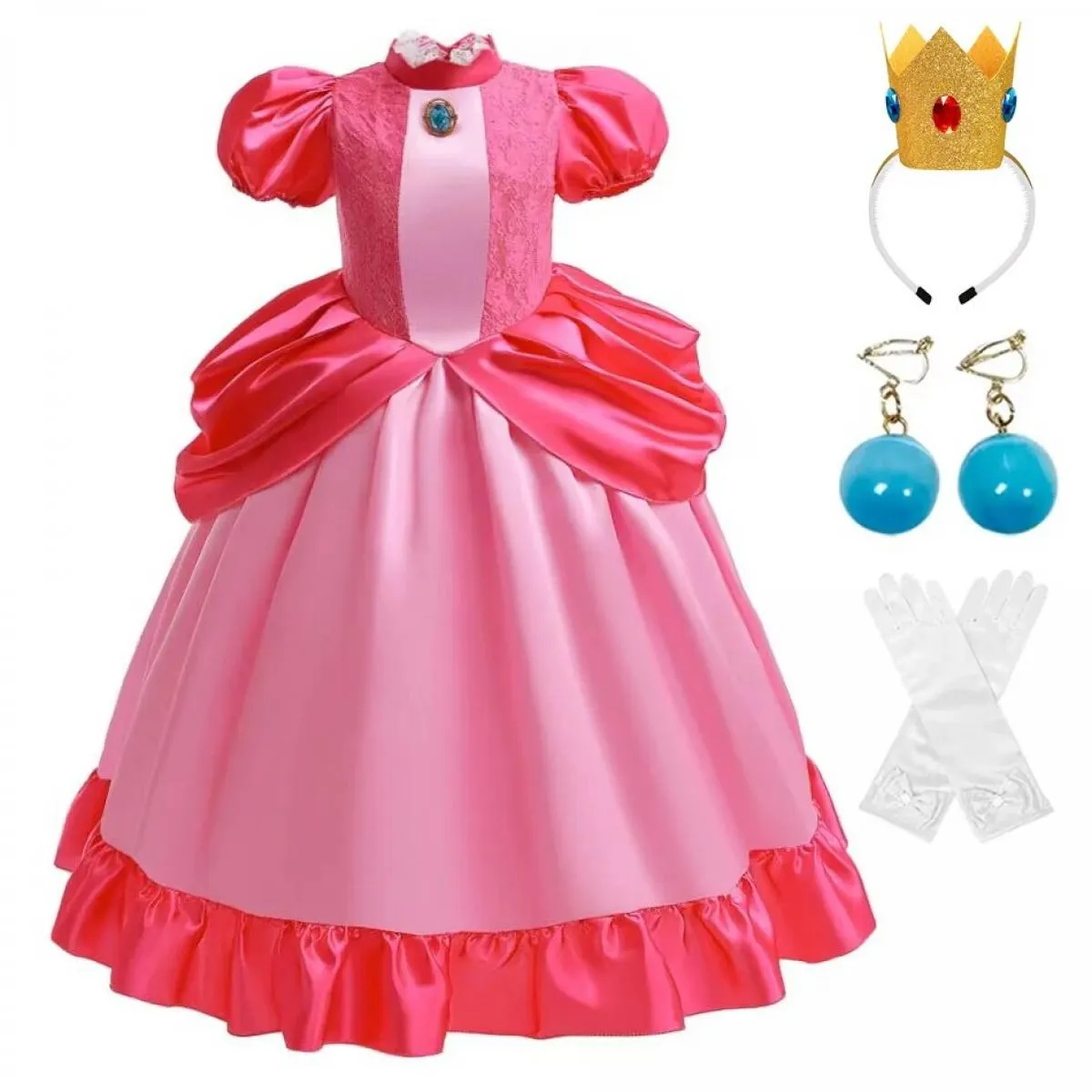 Principessa Pesca Vestito Ragazza Super Fratello Gioco di ruolo con parrucca Corona Orecchini Guanti Abbigliamento di Halloween
