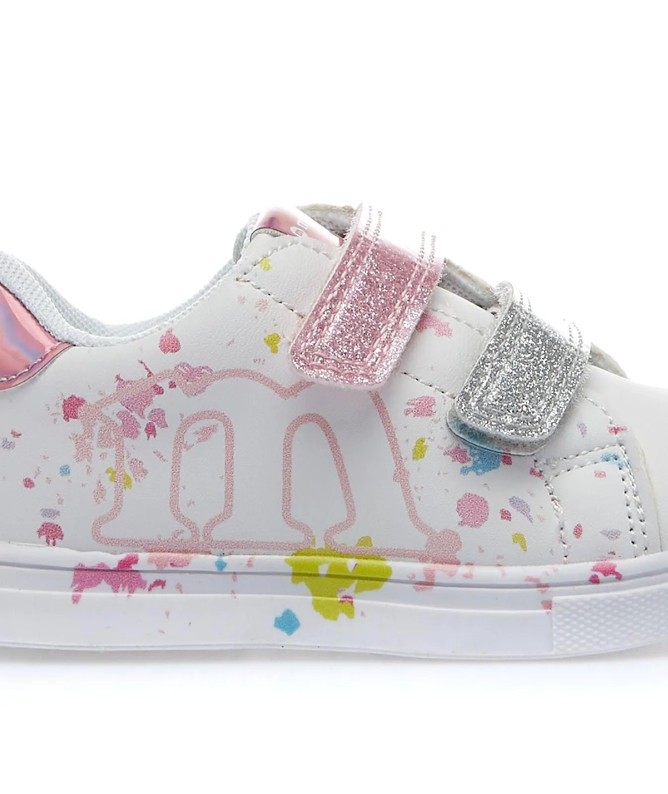 Sneakers bianche da bimba con strappi glitterati e disegno