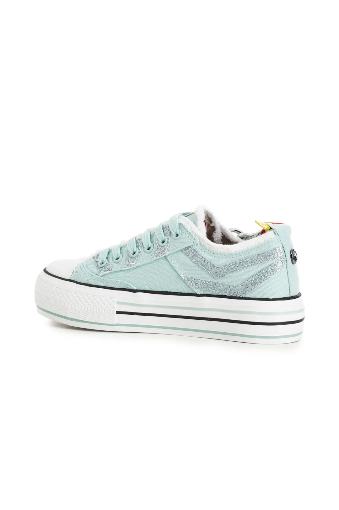 sneakers in tessuto con glitter e catena su suola  a cassetta verde